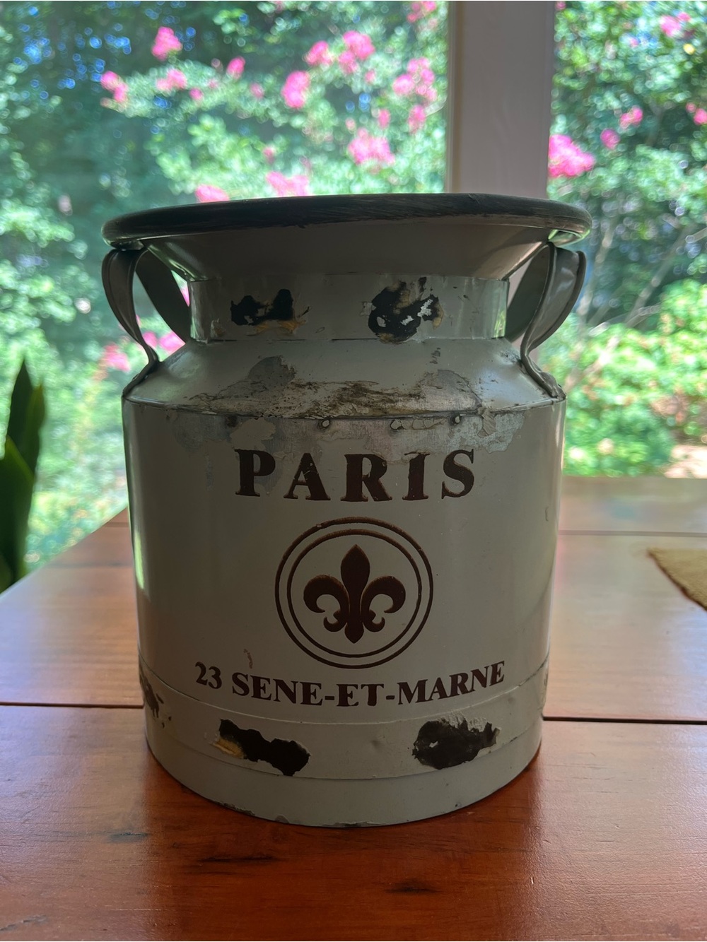 Paris Metal Milk Canister Jug -cream/brown- Use for flowers or as trashcan